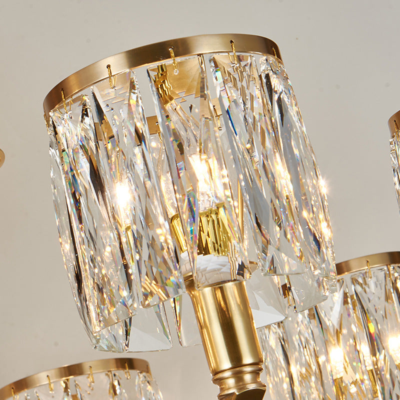 Modern Metal Chandelier With Brass Arced Arm And Prismatic Crystal Shade