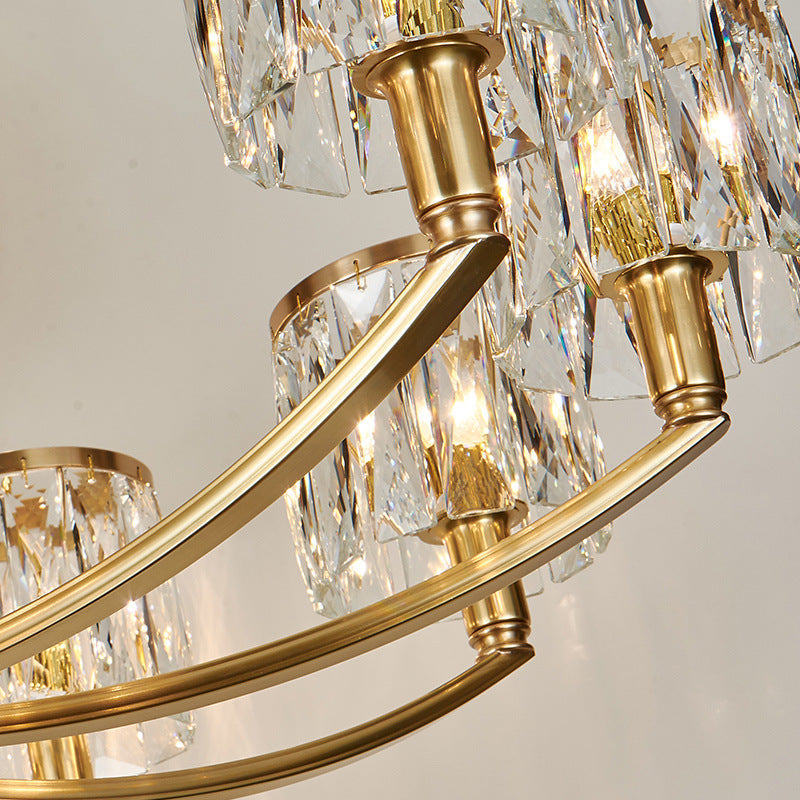 Modern Metal Chandelier With Brass Arced Arm And Prismatic Crystal Shade