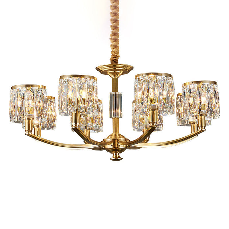 Modern Metal Chandelier With Brass Arced Arm And Prismatic Crystal Shade