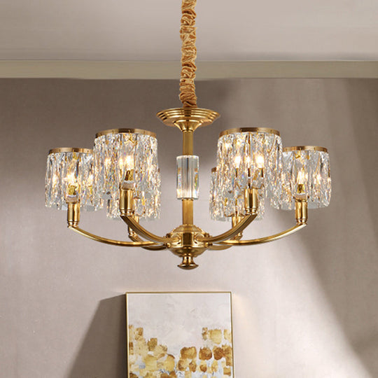 Modern Metal Chandelier With Brass Arced Arm And Prismatic Crystal Shade