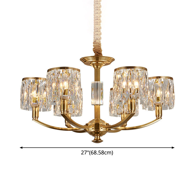 Modern Metal Chandelier With Brass Arced Arm And Prismatic Crystal Shade