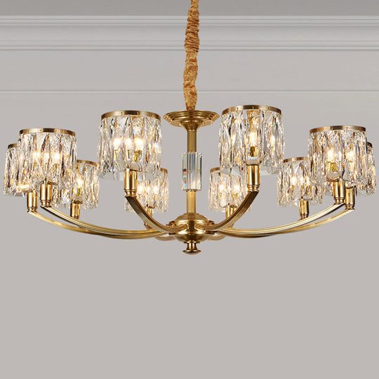 Modern Metal Chandelier With Brass Arced Arm And Prismatic Crystal Shade