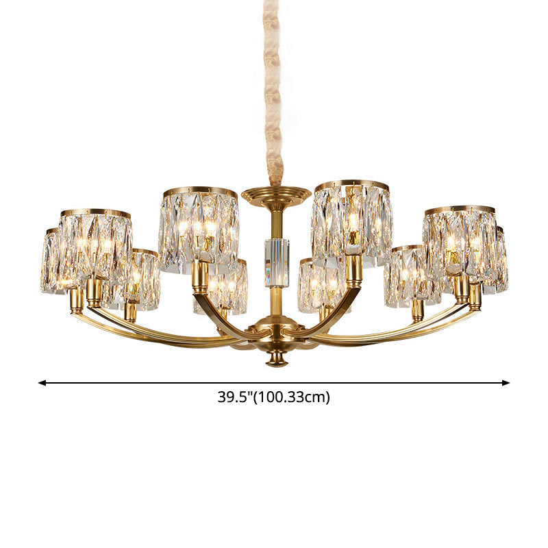 Modern Metal Chandelier With Brass Arced Arm And Prismatic Crystal Shade