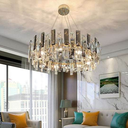 Smoke Grey Crystal Modern Drum Pendant Ceiling Light - Elegant Living Room Chandelier