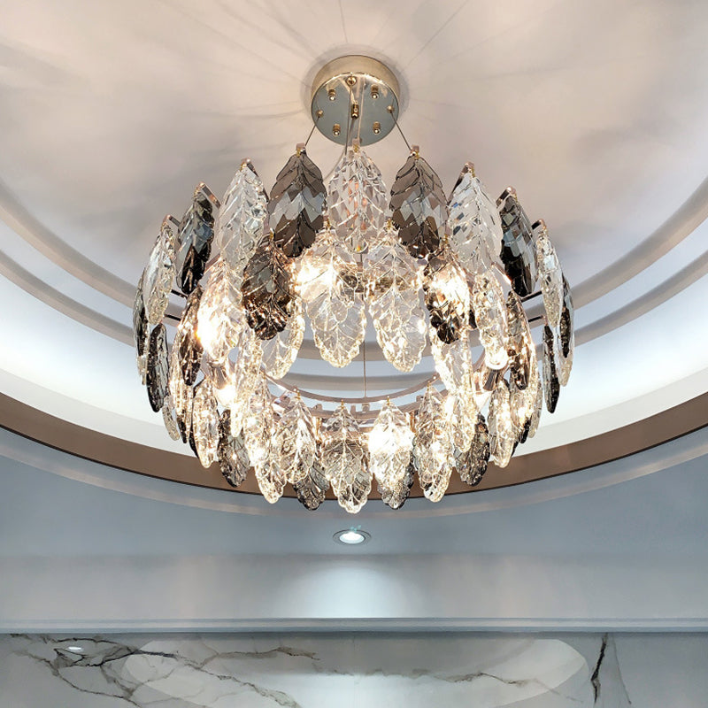 Smoke Grey Crystal Modern Drum Pendant Ceiling Light - Elegant Living Room Chandelier