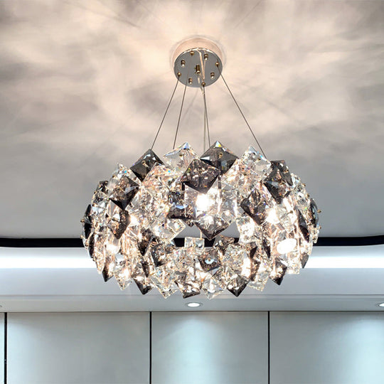 Smoke Grey Crystal Modern Drum Pendant Ceiling Light - Elegant Living Room Chandelier Gray / 23.5