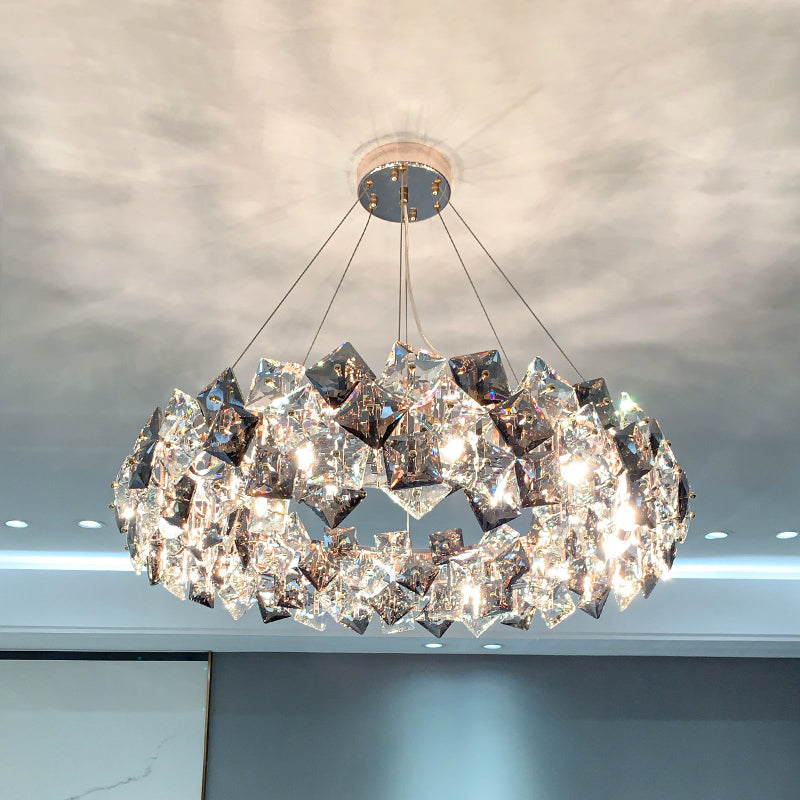 Smoke Grey Crystal Modern Drum Pendant Ceiling Light - Elegant Living Room Chandelier Gray / 31.5