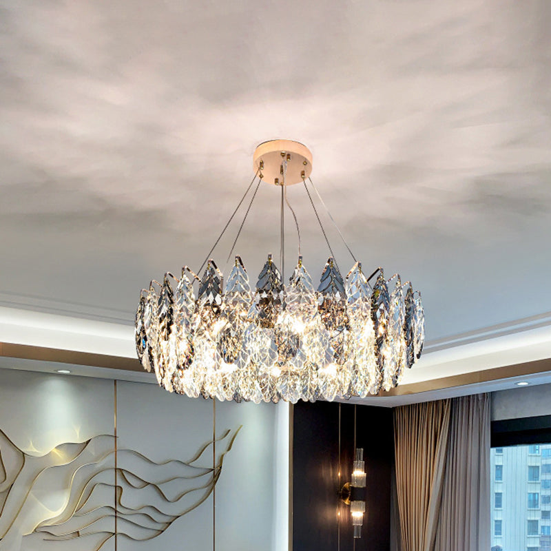 Smoke Grey Crystal Modern Drum Pendant Ceiling Light - Elegant Living Room Chandelier Gray / 31.5