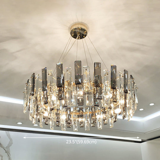 Smoke Grey Crystal Modern Drum Pendant Ceiling Light - Elegant Living Room Chandelier