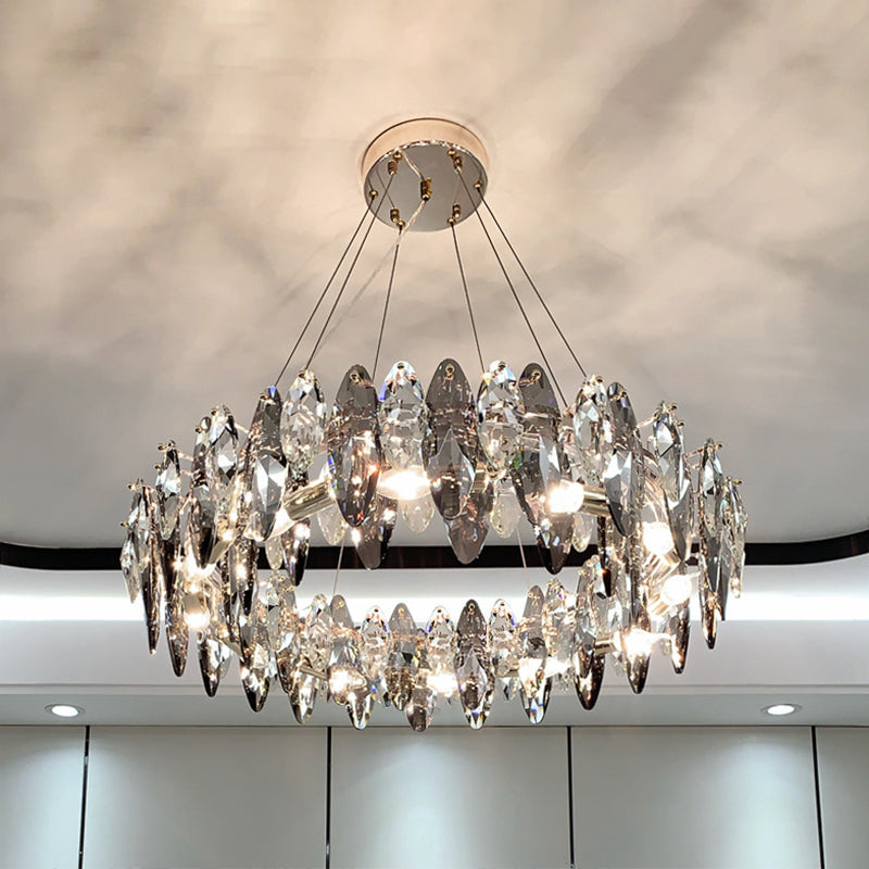 Smoke Grey Crystal Modern Drum Pendant Ceiling Light - Elegant Living Room Chandelier Gray / 31.5