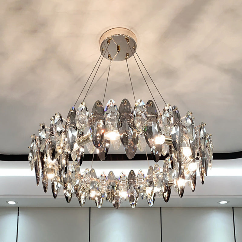 Smoke Grey Crystal Modern Drum Pendant Ceiling Light - Elegant Living Room Chandelier Gray / 39.5