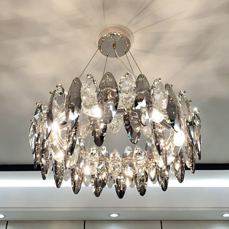 Smoke Grey Crystal Modern Drum Pendant Ceiling Light - Elegant Living Room Chandelier