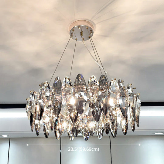 Smoke Grey Crystal Modern Drum Pendant Ceiling Light - Elegant Living Room Chandelier