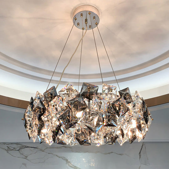 Smoke Grey Crystal Modern Drum Pendant Ceiling Light - Elegant Living Room Chandelier