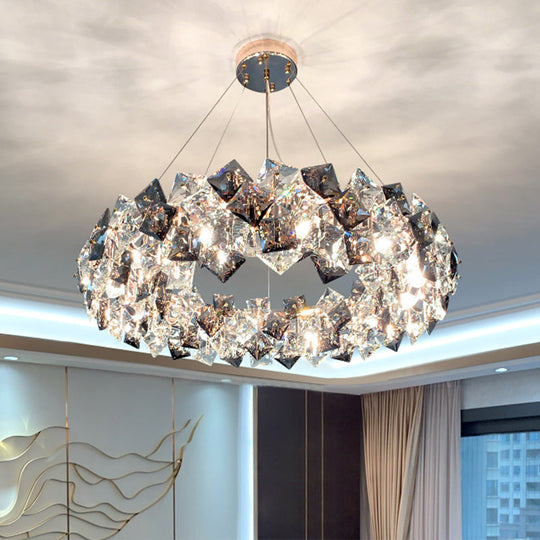 Smoke Grey Crystal Modern Drum Pendant Ceiling Light - Elegant Living Room Chandelier