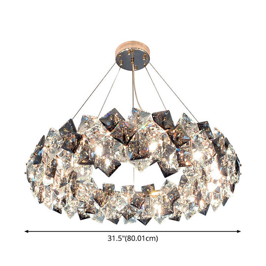 Smoke Grey Crystal Modern Drum Pendant Ceiling Light - Elegant Living Room Chandelier