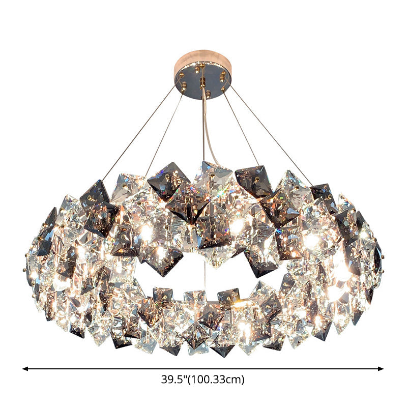 Smoke Grey Crystal Modern Drum Pendant Ceiling Light - Elegant Living Room Chandelier