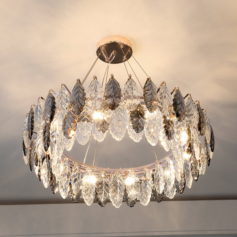 Smoke Grey Crystal Modern Drum Pendant Ceiling Light - Elegant Living Room Chandelier