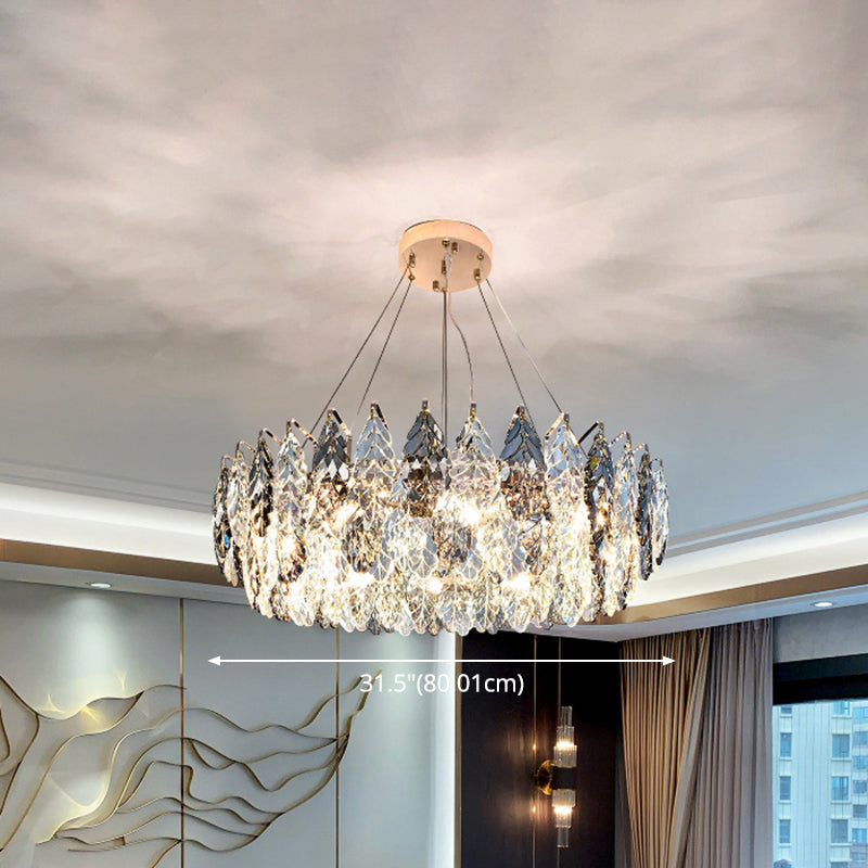 Smoke Grey Crystal Modern Drum Pendant Ceiling Light - Elegant Living Room Chandelier