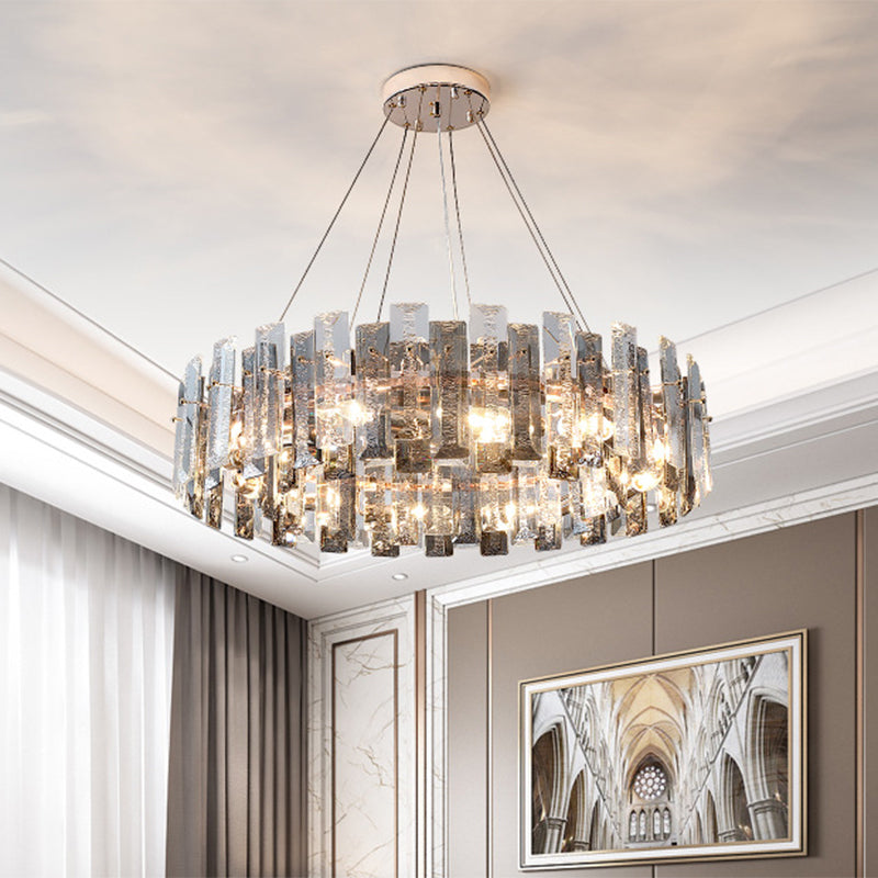 Smoke Grey Crystal Modern Drum Pendant Ceiling Light - Elegant Living Room Chandelier