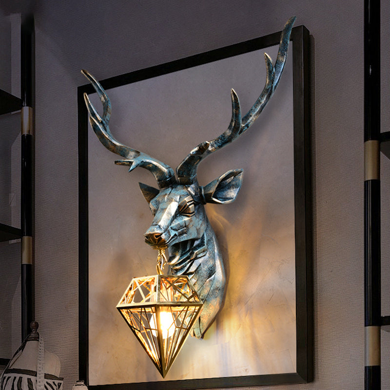 Antique Style 1-Light Resin Deer Wall Sconce With Brass Diamond Shade 14.5/19.5 Wide