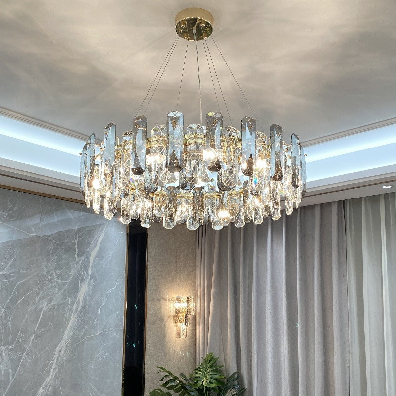 Prismatic Crystal Chandelier Pendant: Minimalist Round Brass Finish Hanging Light