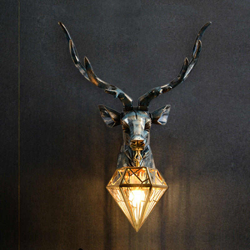 Antique Style 1-Light Resin Deer Wall Sconce With Brass Diamond Shade 14.5/19.5 Wide