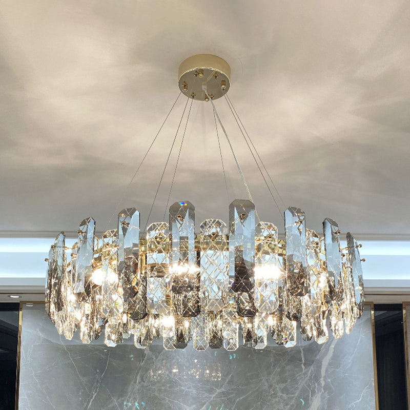 Prismatic Crystal Chandelier Pendant: Minimalist Round Brass Finish Hanging Light / 31.5