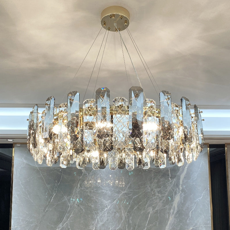 Prismatic Crystal Chandelier Pendant: Minimalist Round Brass Finish Hanging Light