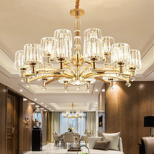 Cylindrical Gold Pendant Chandelier With Minimalist Optic Crystal Prism - Perfect For Living Room