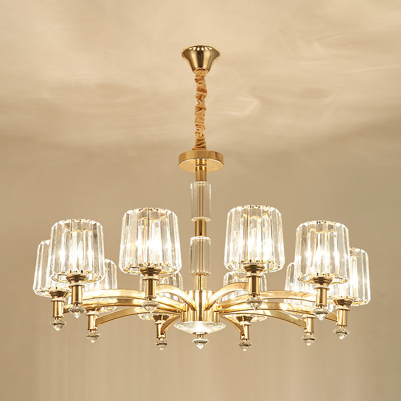 Cylindrical Gold Pendant Chandelier With Minimalist Optic Crystal Prism - Perfect For Living Room 10