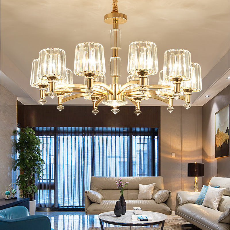 Cylindrical Gold Pendant Chandelier With Minimalist Optic Crystal Prism - Perfect For Living Room