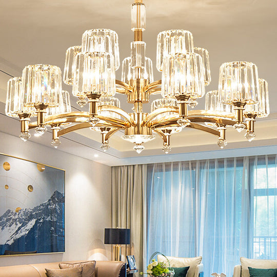 Cylindrical Gold Pendant Chandelier With Minimalist Optic Crystal Prism - Perfect For Living Room