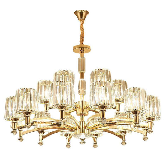 Cylindrical Gold Pendant Chandelier With Minimalist Optic Crystal Prism - Perfect For Living Room