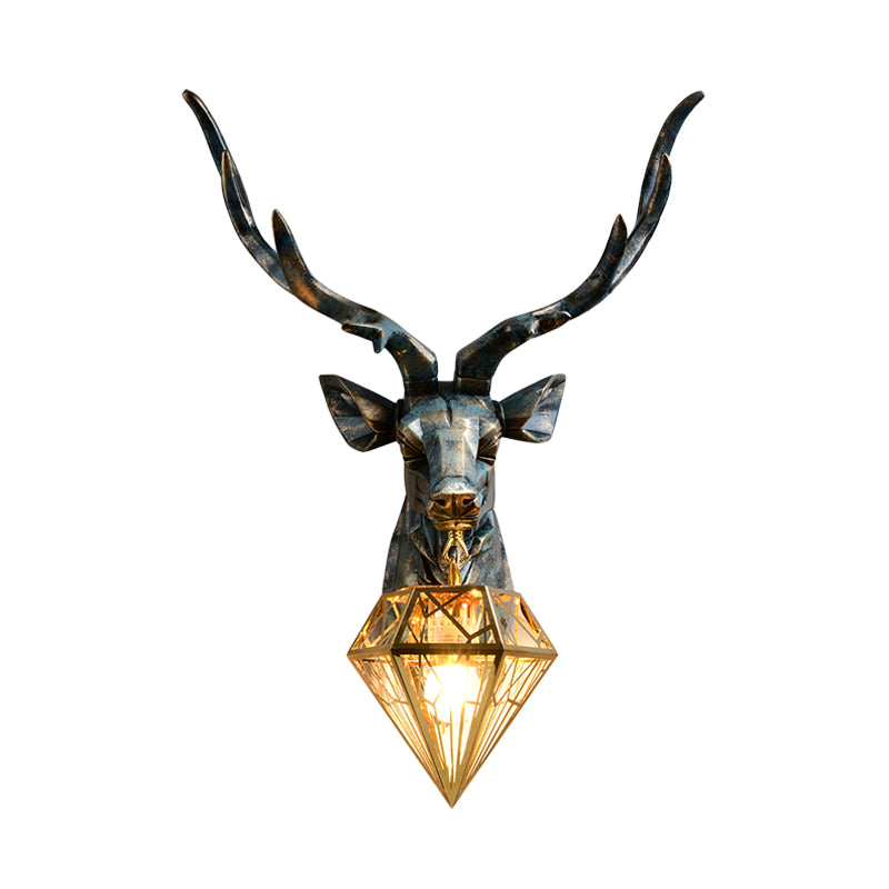 Antique Style 1-Light Resin Deer Wall Sconce With Brass Diamond Shade 14.5/19.5 Wide