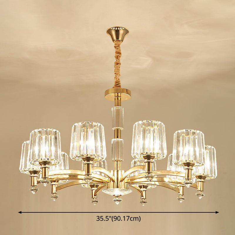 Cylindrical Gold Pendant Chandelier With Minimalist Optic Crystal Prism - Perfect For Living Room