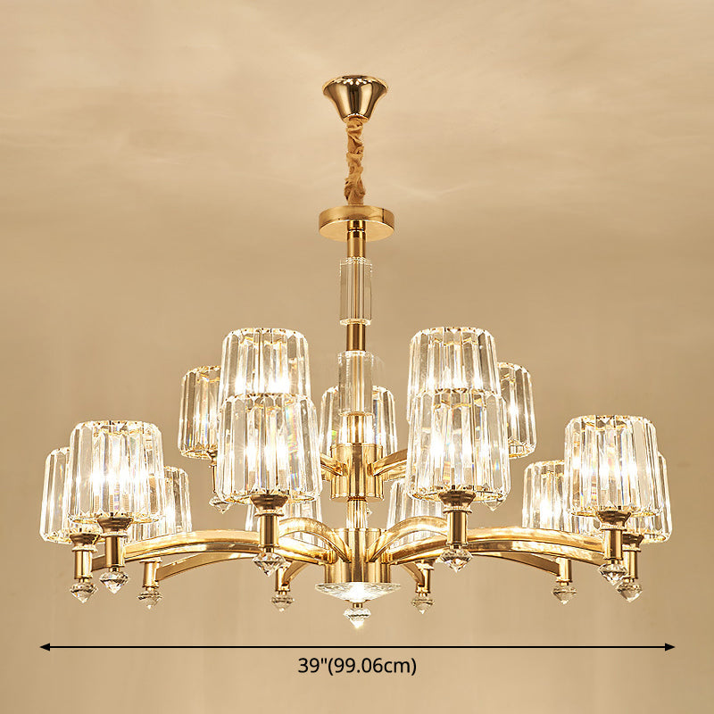 Cylindrical Gold Pendant Chandelier With Minimalist Optic Crystal Prism - Perfect For Living Room