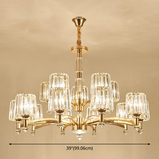 Cylindrical Gold Pendant Chandelier With Minimalist Optic Crystal Prism - Perfect For Living Room