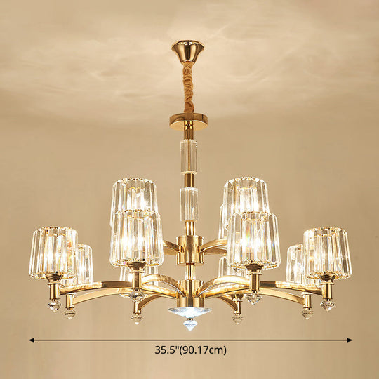 Cylindrical Gold Pendant Chandelier With Minimalist Optic Crystal Prism - Perfect For Living Room