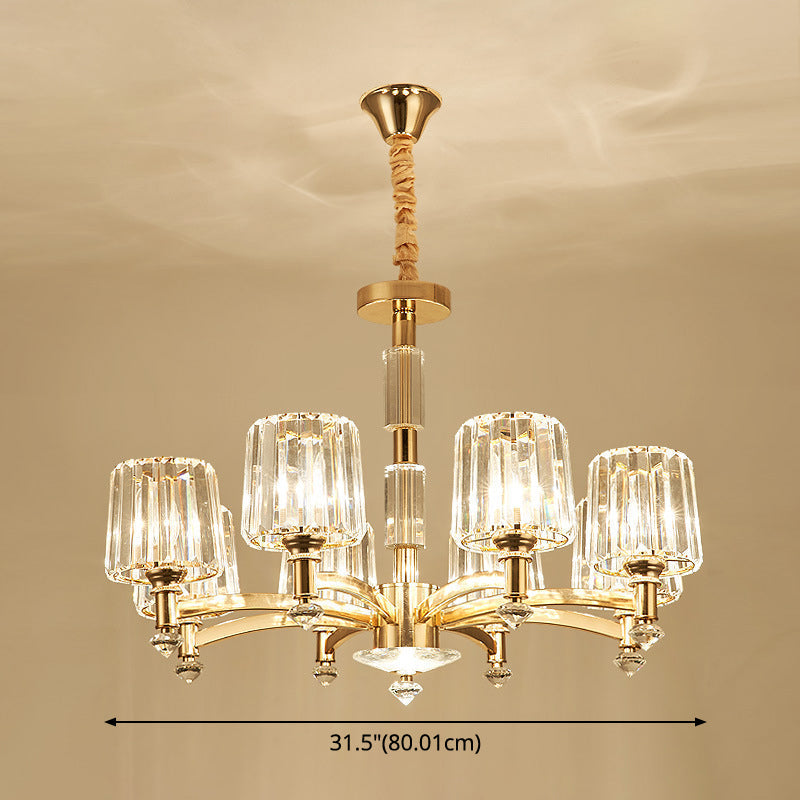 Cylindrical Gold Pendant Chandelier With Minimalist Optic Crystal Prism - Perfect For Living Room