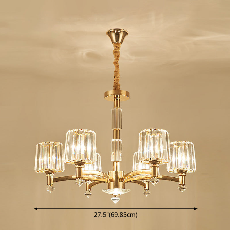 Cylindrical Gold Pendant Chandelier With Minimalist Optic Crystal Prism - Perfect For Living Room