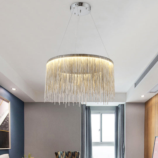 Round Silver Tassel Chain Pendant Lamp - Modern Metal Ceiling Chandelier