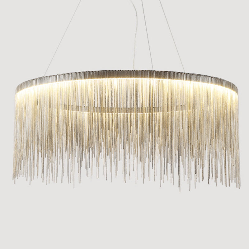 Round Silver Tassel Chain Pendant Lamp - Modern Metal Ceiling Chandelier