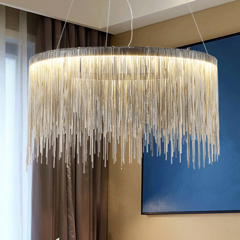 Round Silver Tassel Chain Pendant Lamp - Modern Metal Ceiling Chandelier