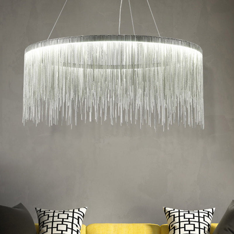 Round Silver Tassel Chain Pendant Lamp - Modern Metal Ceiling Chandelier