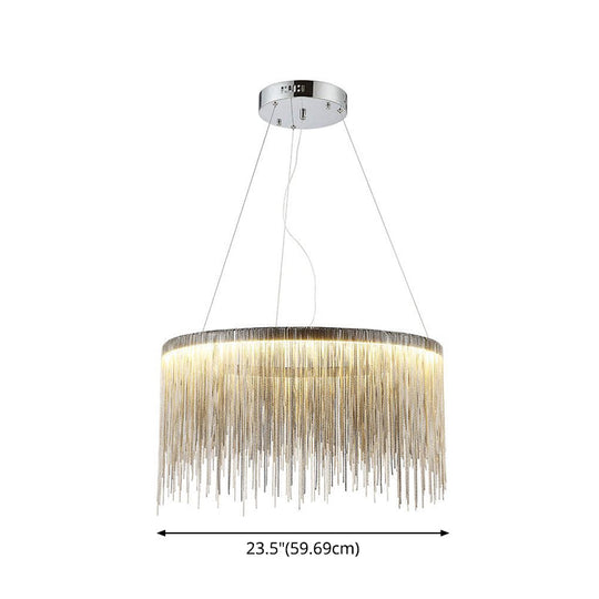 Round Silver Tassel Chain Pendant Lamp - Modern Metal Ceiling Chandelier