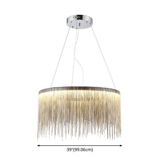 Round Silver Tassel Chain Pendant Lamp - Modern Metal Ceiling Chandelier