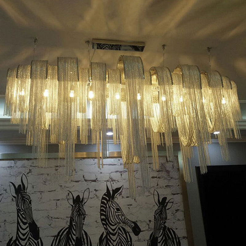 Postmodern Silver Lobby Chandelier: Arch Aluminum Chain 12-Bulb Suspension Light