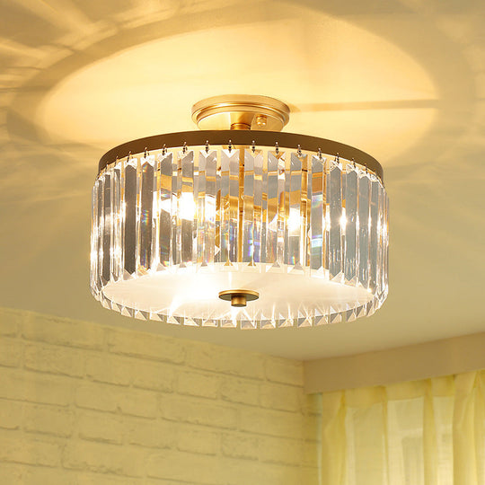 3-Light Crystal Drum Flush Mount Ceiling Lamp in Chic Gold/Silver/Black for Dining Room