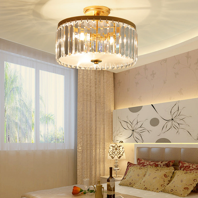 3-Light Crystal Drum Flush Mount Ceiling Lamp in Chic Gold/Silver/Black for Dining Room